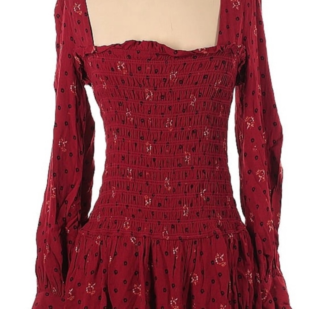 Free People Red Smocked Sundress with Bishop Sleeves